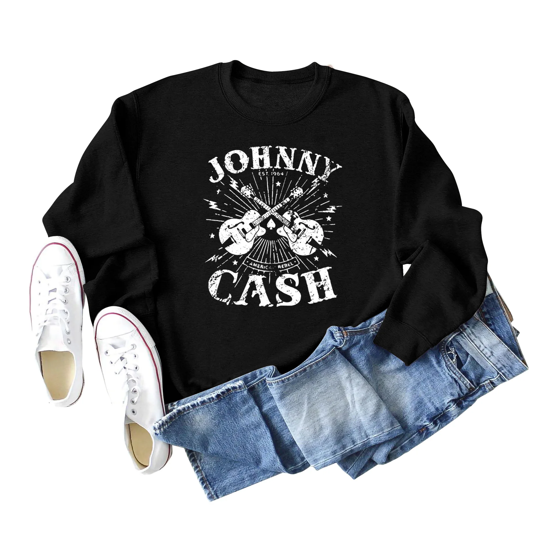Women\'s Long-sleeved JOHNNY CASH Guitar Sweatshirt Aesthetic Hoodies Women Streetwear Women