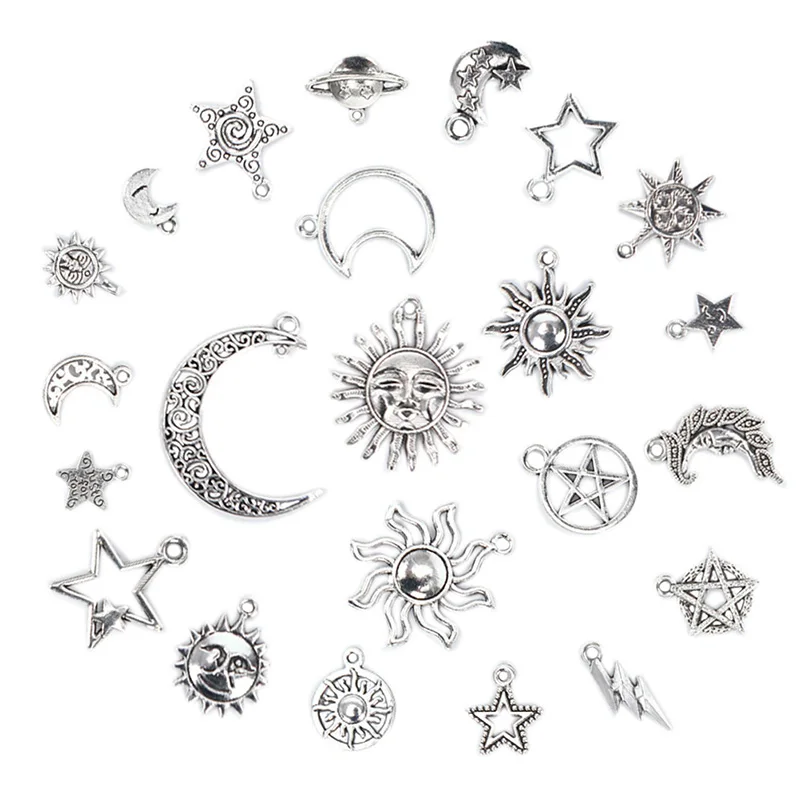 23Pcs/Set Mixed Silver Star Moon Sun Charms Pendant DIY Craft Jewelry Findings