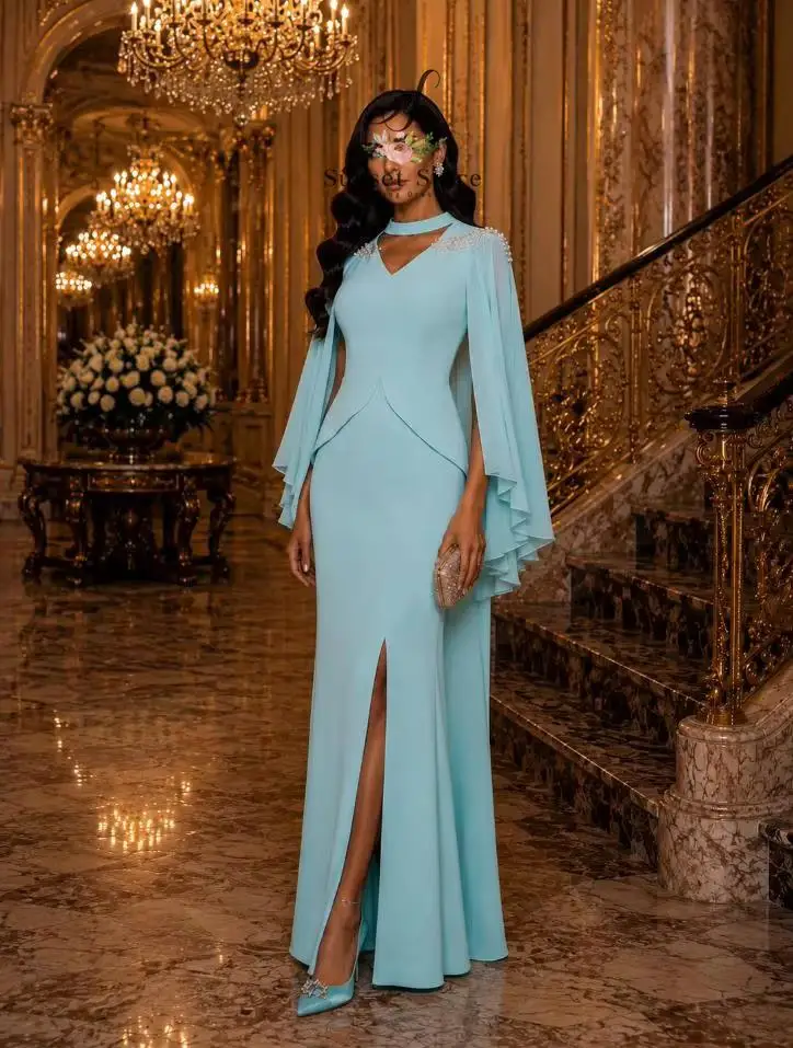 Customized  Evening Gown Cape Sleeve Chiffon Formal Dress Beaded Shoulder Side Slit Crepe Prom Party Gown For Women