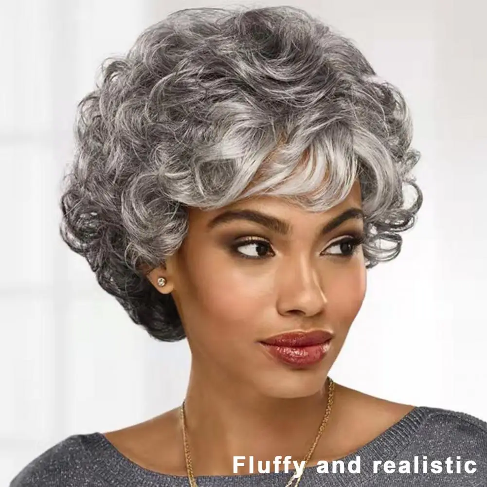 Short Wavy Curly Wigs with Bangs High Temperature Silk Hair Wigs Middle-aged Women Fashion Fluffy Silver Gray Wig Synthetic Wigs