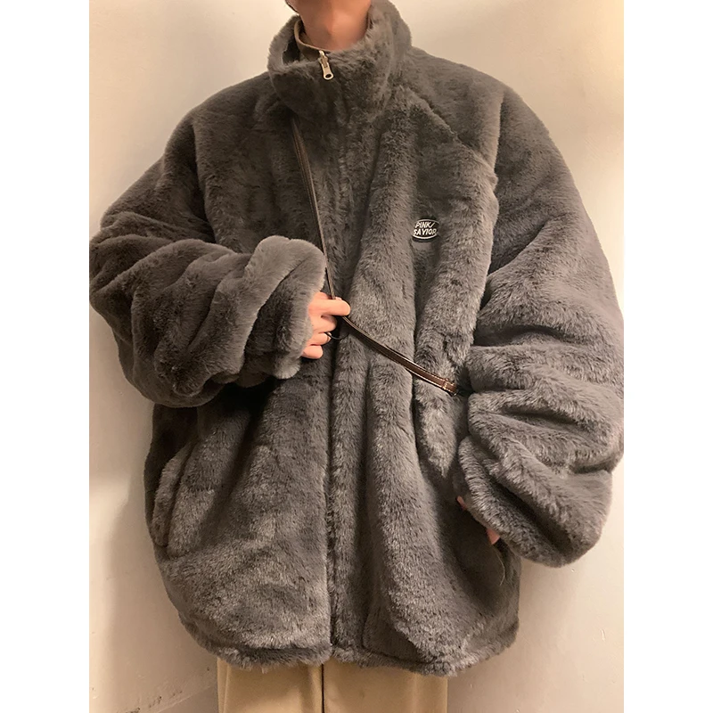 

Thiened Lamb Fur Lined Cotton Jaet Men's Winter Faion Brand Jaet Double Sided Wear Stand Fit Casual Polyester Fiber