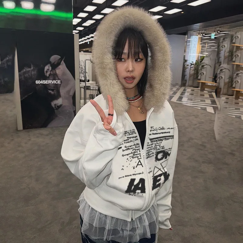 

Winter Hoodie Jacket Y2K Graphic Tops Y2K Streetswear Clothes 2025 Women Korean Fashion Sexy Elegant Fur Coats Jackets