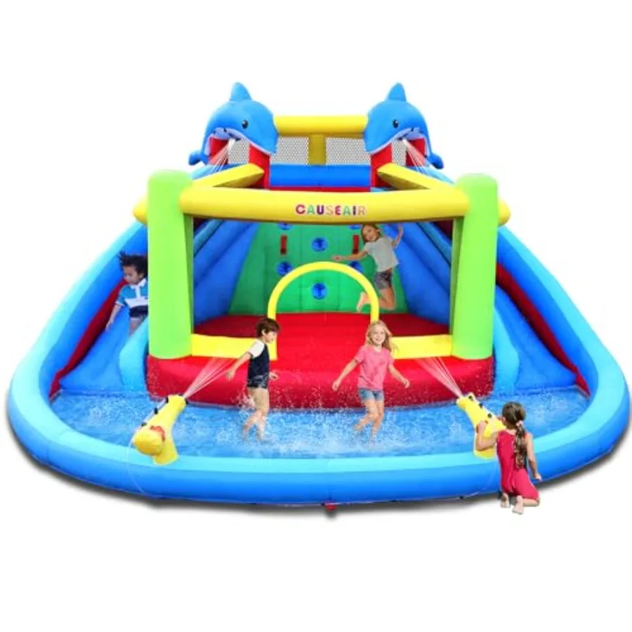 

Backyard summer inflatable water park slide for kids: dolphin styling, heavy-duty PVC, blue/white, splash pool + double water c