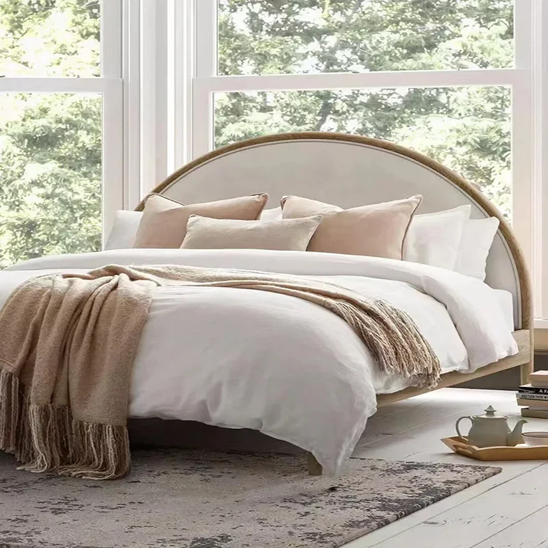 American solid wood bed, French vintage, simple master bedroom, modern high-end fabric, half-moon
