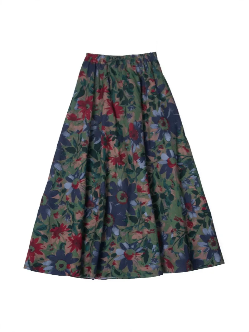 TIYIHAILEY Long Maxi Women Cotton And Linen Print Skirts Big Hem New Fashion A-line Elastic High Waist 2025 New Flowers