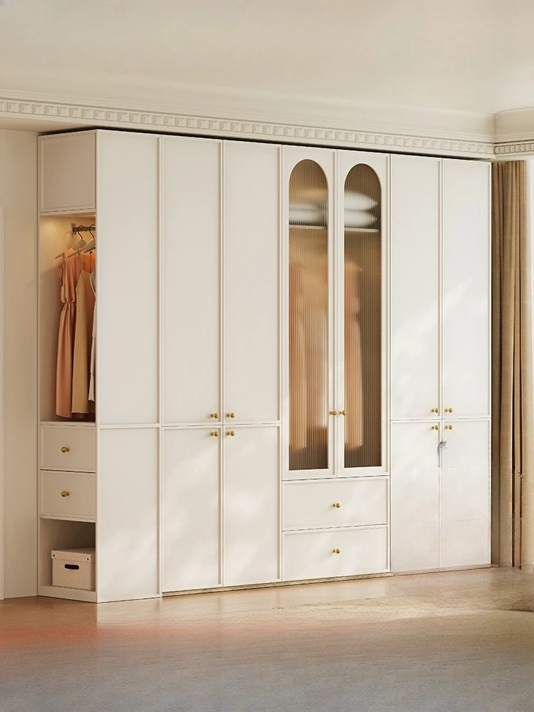Solid wood segmented wardrobe, home bedroom, large capacity cream coat cabinet