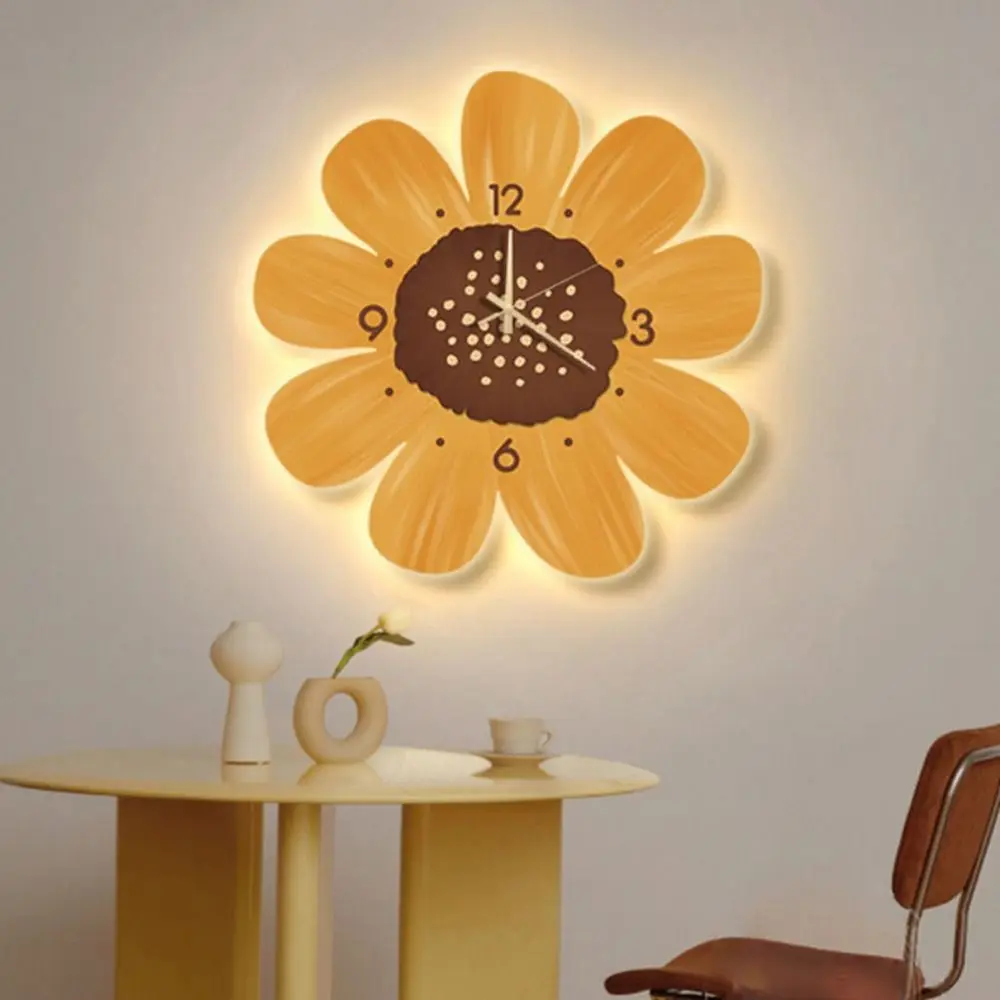 Silent 3D Flower Decors Wall Clock Warm Light Adjustable Hanging Clock with Light Decorative 3 Modes Luminous Wall Clock