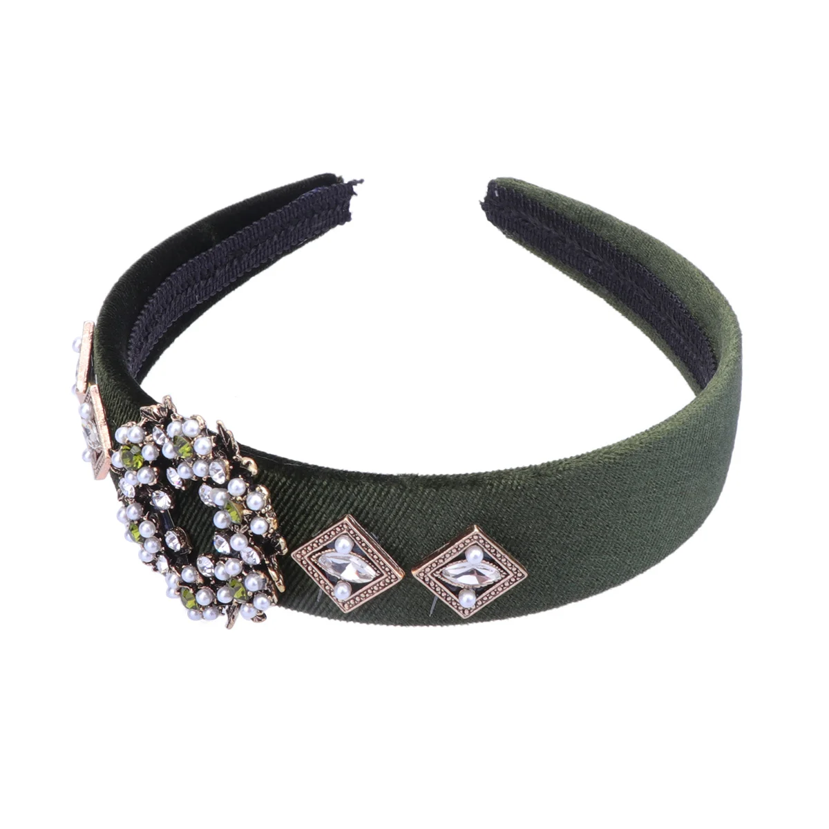 

1 шт., повязка на голову для волос со стразами и жемчугом, темно-зеленая, с широкой оправой, элегантный модный обруч для волос для женщин, повседневный подарок на помолвку