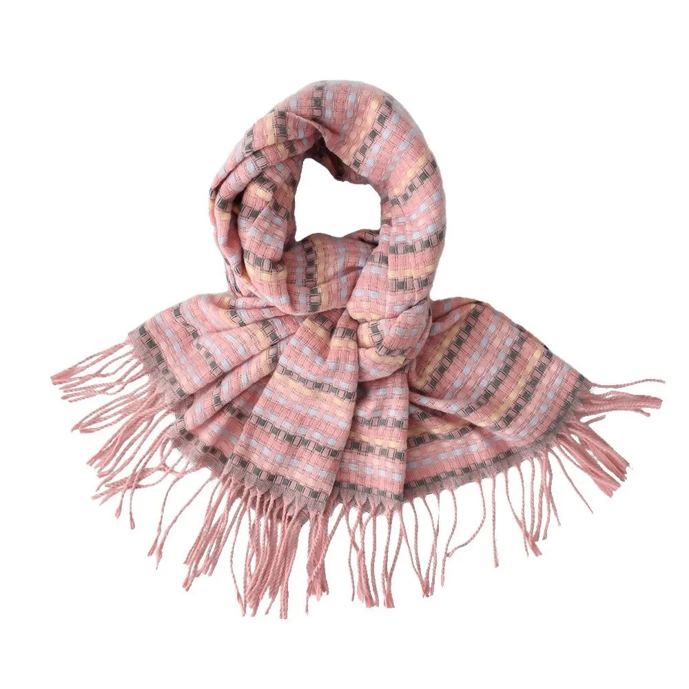 Soft Dopamine Plaid Scarf Contrast Color Korean Style Knitted Wool Shawl Faux Cashmere Polyester Long Neckscarf with Tassel