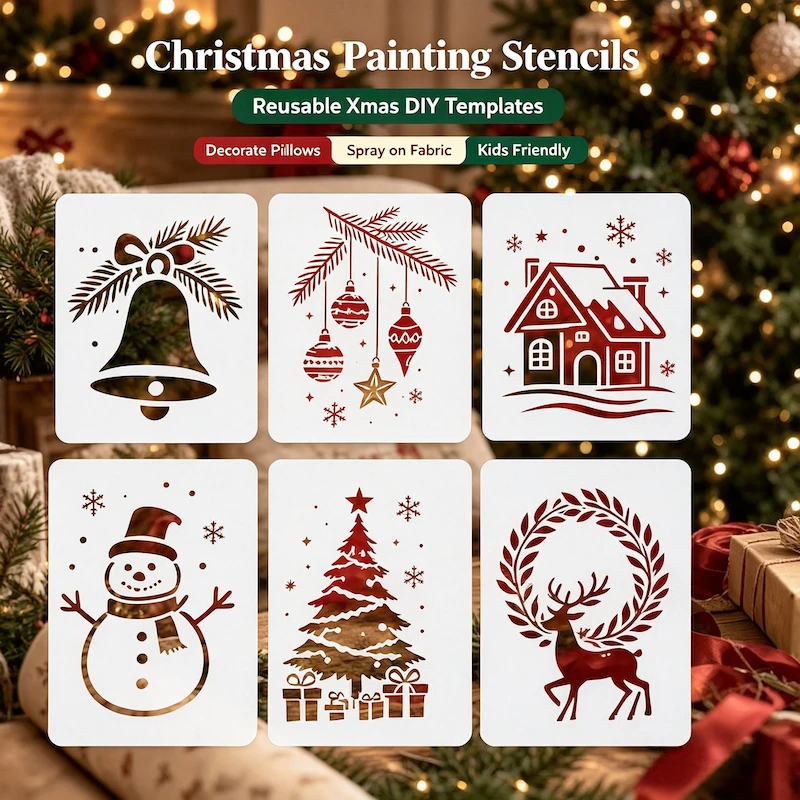 Christmas Decor Hollow Stencils, Kids DIY Spray Rubbing Templates for Pillow Table Runner Fabric & Wood Xmas Home Craft Decor