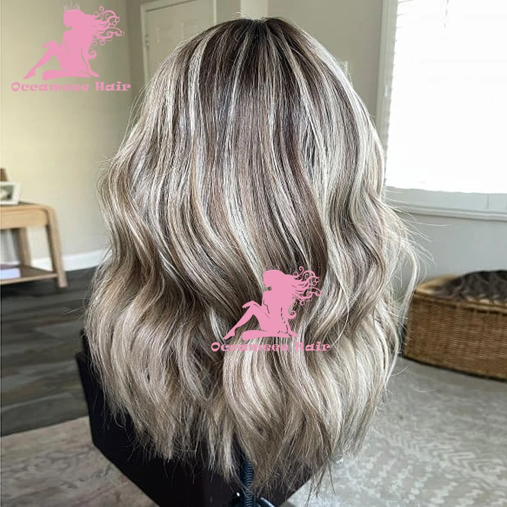 Highlight Human Hair Pruiken Donkere Wortels Bleekmiddel Pretokkelde Blonde 360 Full Lace Frontale Transparante Zwitserse Kanten Pruik Natuurlijk Body Golvend