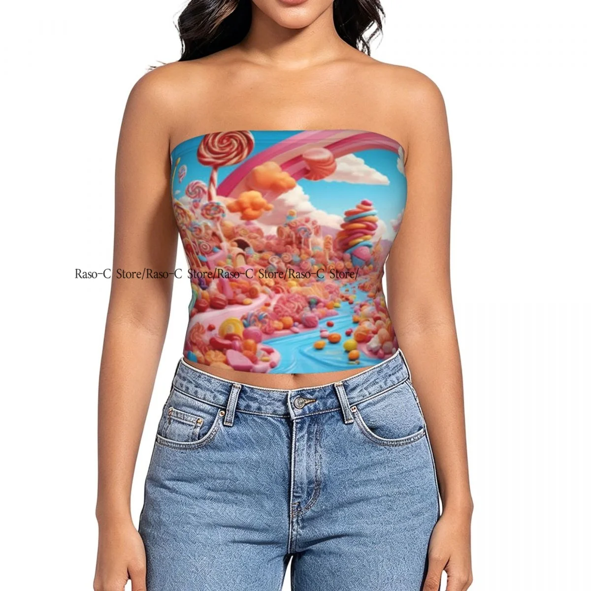 Women strapless blouses sleeveless Colorful Sweets Land With Cupcake Candies halter-neck sexy short-sleeved blouses