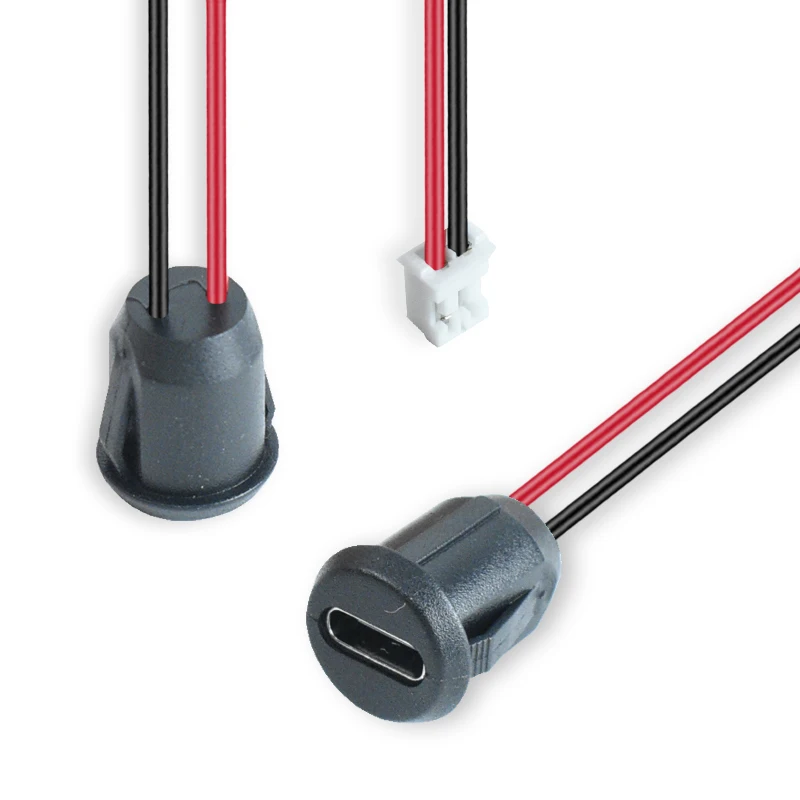 Round USB Type-C Female Panel Mount Socket 2Pin PH2.0 Terminal Tinned Ends Snap-in Charging Jack for DIY Electronics