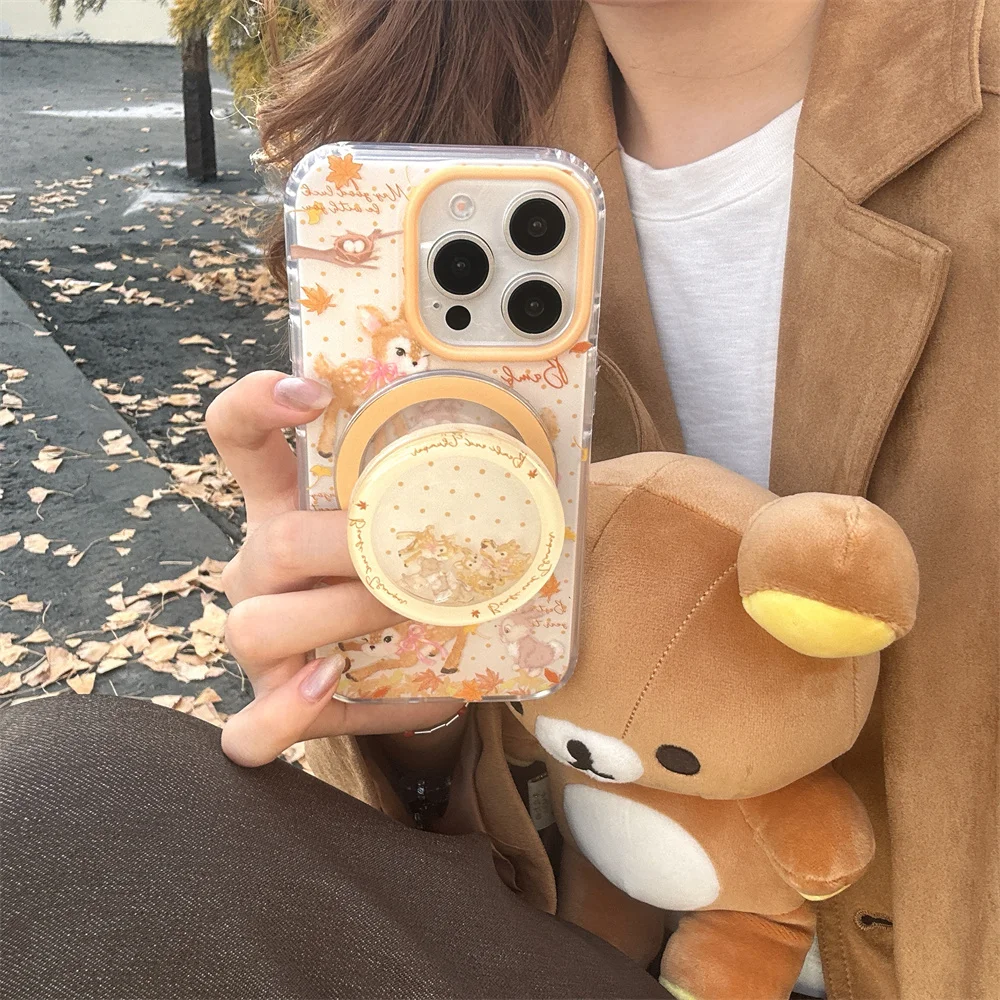 

Cute Rabbit Deer Cartoon Phone Case For iPhone 17 Pro 15 14 16 Pro Max 13 Cover with Shake Stand For Magsafe Shockproof Cases