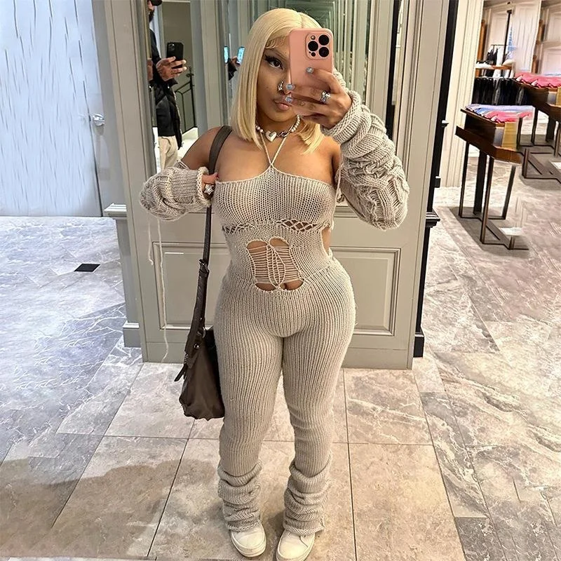 

Knitted Jumpsuit Hollow out Long Pants High Waist Design Belted Svel Hanging Ne Sle Women's Faion Autumn Wear