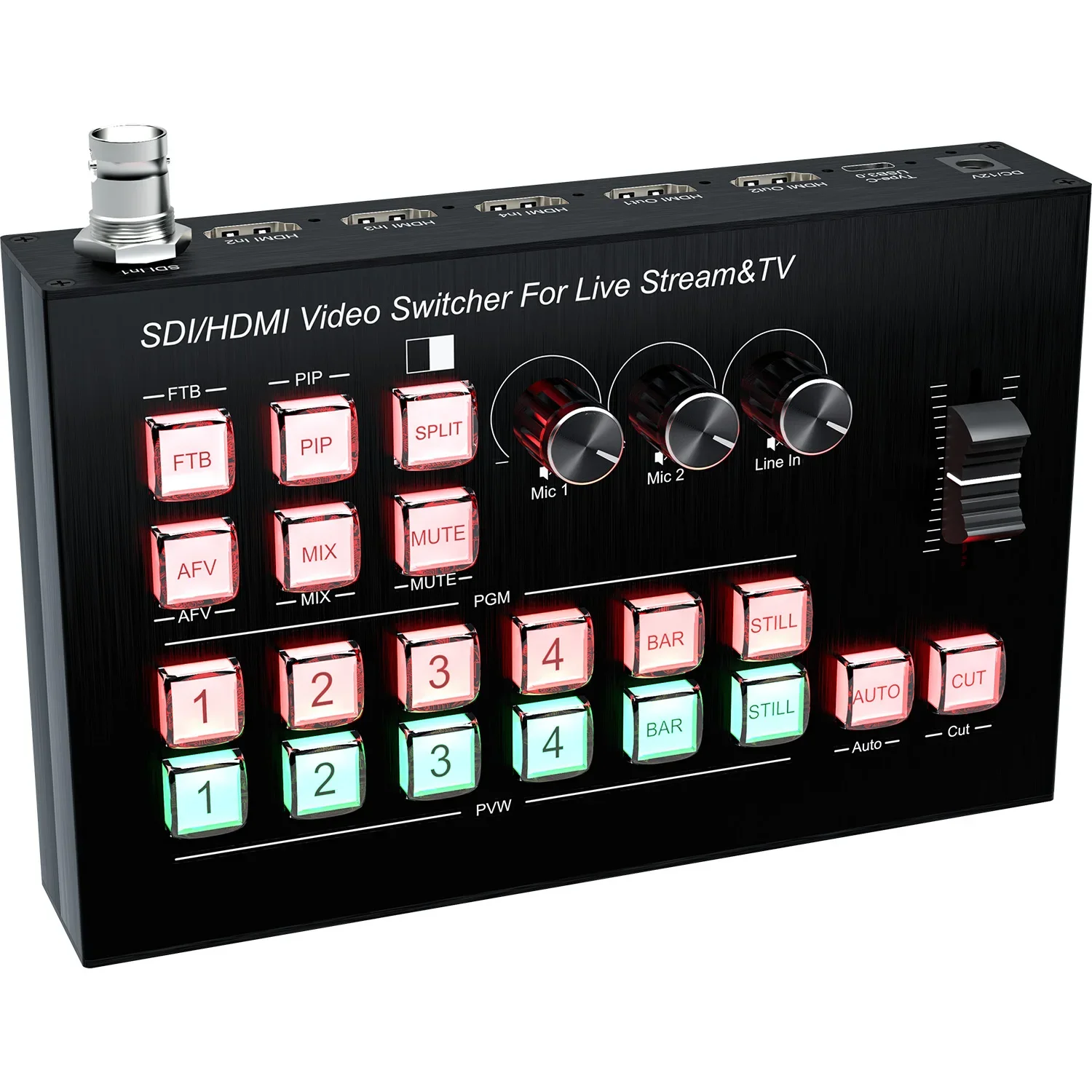 1080p60 SDI HDMI Video Switcher กล้องหลายสดสตรีมมิ่ง Station ไม่มีรอยต่อสวิทช์จับภาพวิดีโอ Mic Line in Out Audio Mix PIP