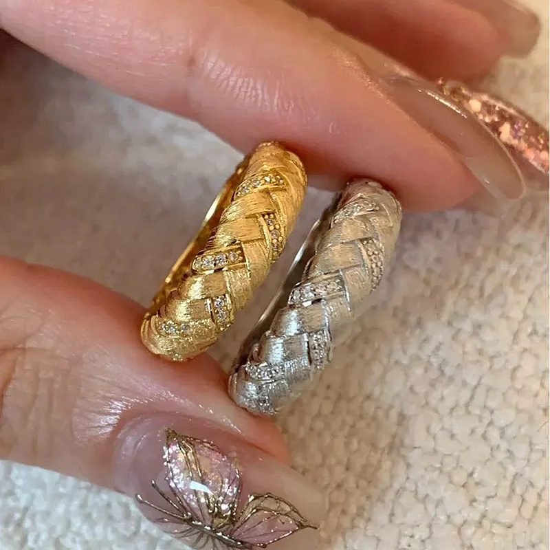 Retro Gentle Style Brushed Craft Wheat Rings for Women Silver 925 Inlaid Diamond New in Wide Ring Couple Style Banquet Jewelry
