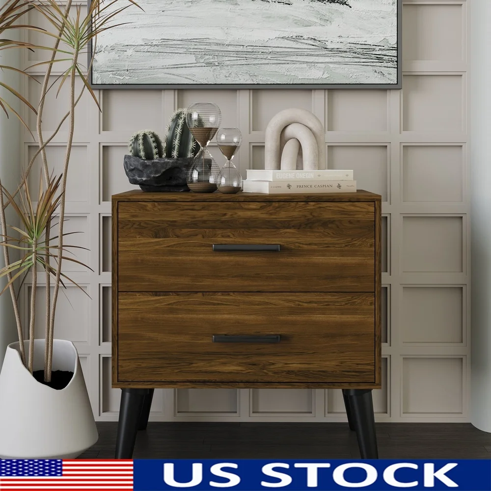 

Rustic Wooden Nightstand with 2 Drawers Stylish Bedroom Furniture Ample Top Space Durable Solid Wood Easy Assembly