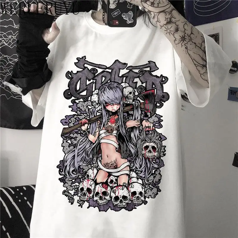 Camiseta estampada de Anime para mujer, Tops de manga corta Y2k, ropa estética, camisetas góticas de dibujos animados, Verano