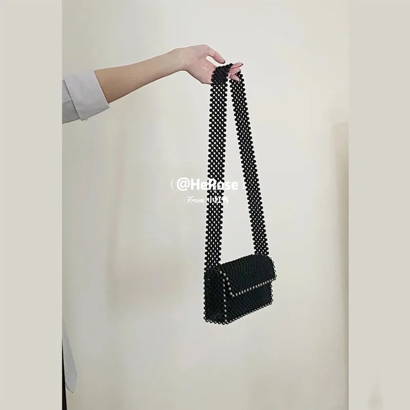 Black Beaded Crossbody Bags for Woman Fashion Retro Ins Chain Women\'s Shoulder Bag Versatile Texture Woven Handbag Bolsos Mujer