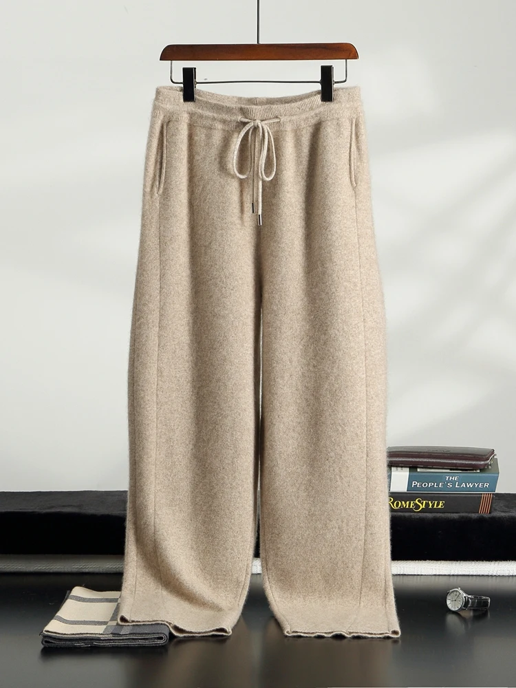 Men's Cashmere Wide Leg Pants Elastic Waist Drawstring Trousers Autumn Winter Thicken 100% Cashmere Knitted Casual Banana Pants