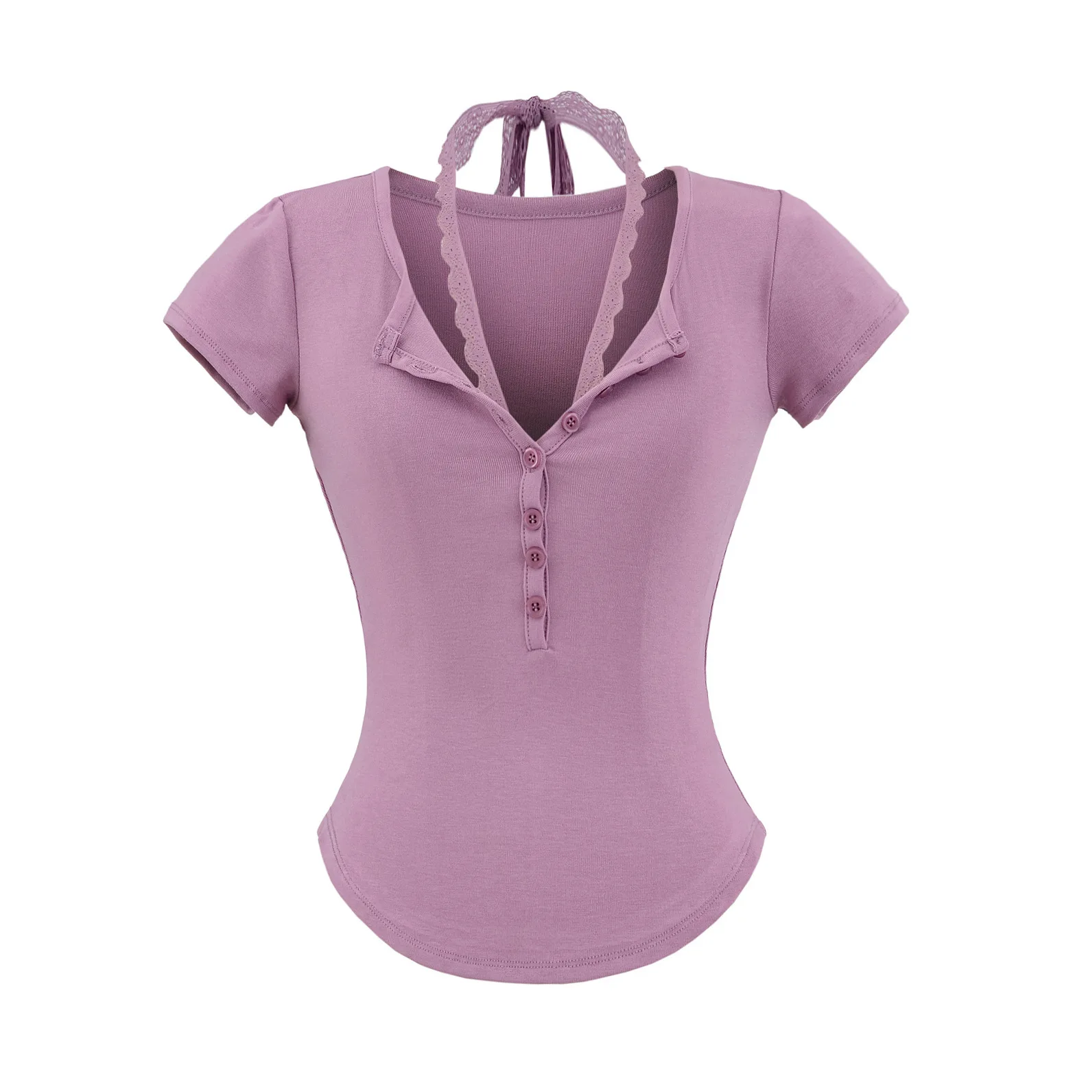 Cunning Button V-Neck Tie-Waist Curved Hem Slim-Fit Short-Sleeve T-Shirt for Women  Summer Sexy Slim-Fit Pure Desire Style DR