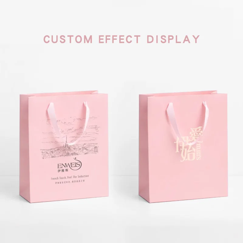 Light Pink Blue Paper Bags With Ribbon Handles Candy Gift Accessories Clothing Packing Bags Stock Custom Logo