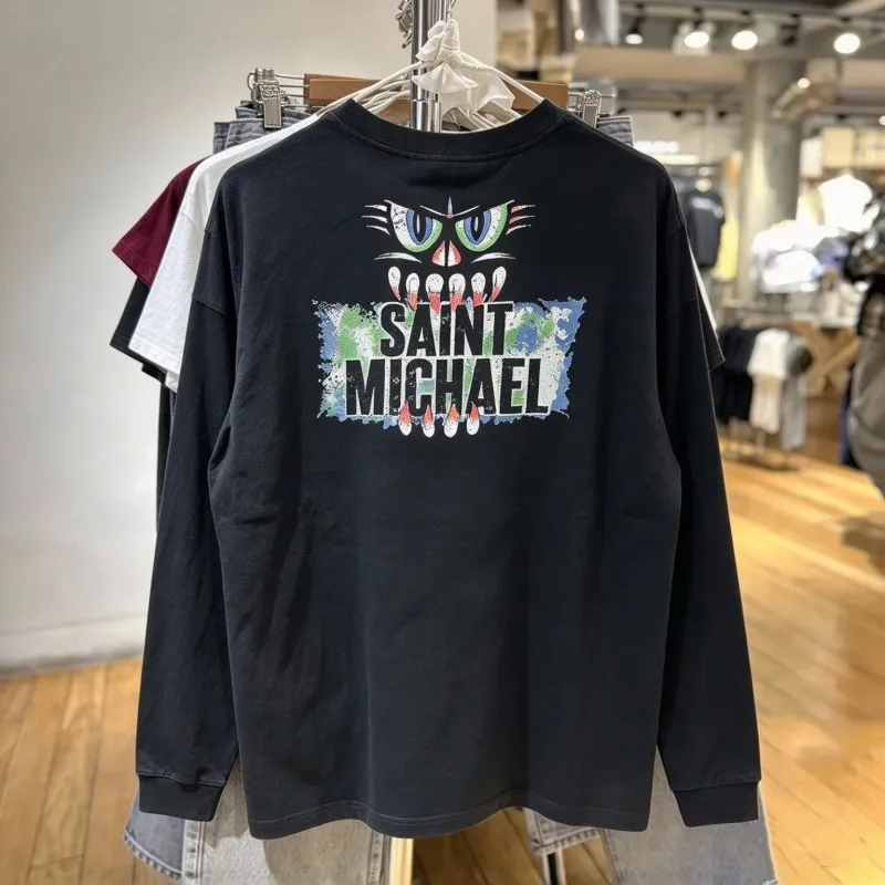 Oil Painting Graffiti Letter Cartoon Print Black Round Neck Long Sleeve Tops Saint Tshirt Men Women Breathable Round Neck Tee