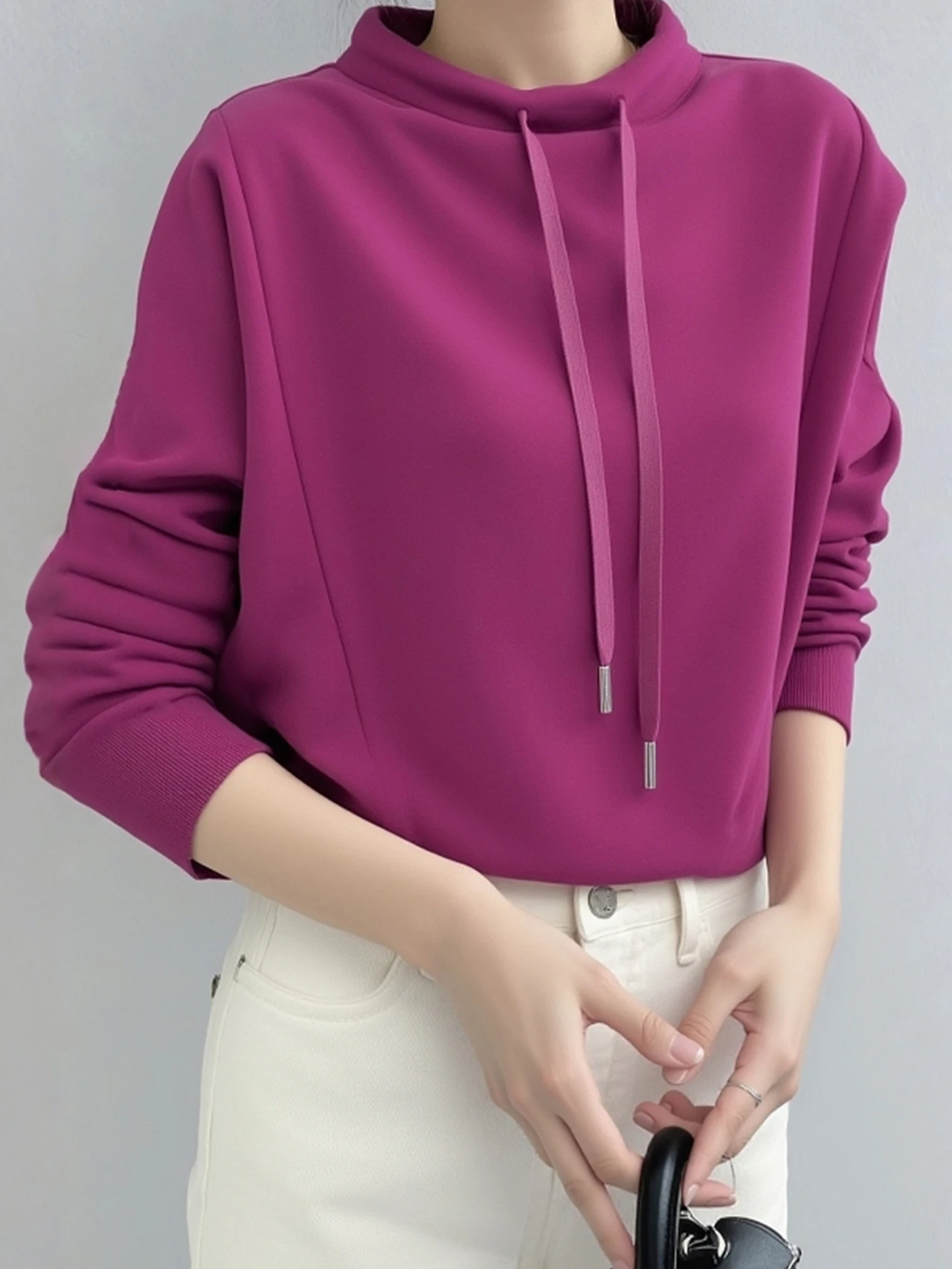 

Ele Long Sve Sweatirt Women's Pure Color Sweet Versatile Design Winter New Arrival Korean Sle Casual Comfortable Fit