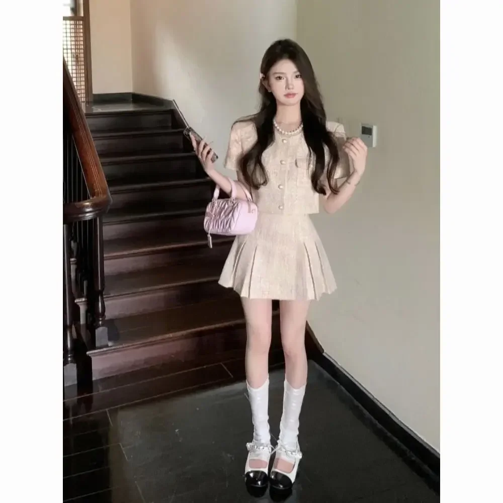 

French Elegant Young Ladies Two Piece Skirt Sets Tweed Outfits Sweet O Neck Short Sleeve Jacket Tops + High Waist A Line Skirt