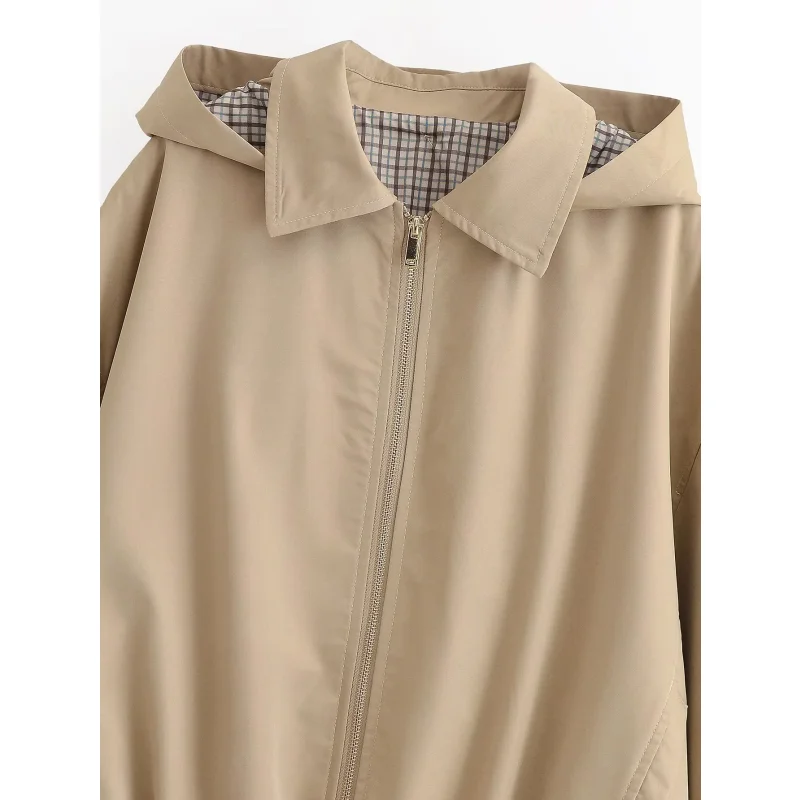 2026 Neue Damen Khaki Kapuzenjacke Langarm Reißverschluss Oversized Locker Lässige Oberbekleidung Damenmantel Langarm Reißverschluss-Design – Detail 7