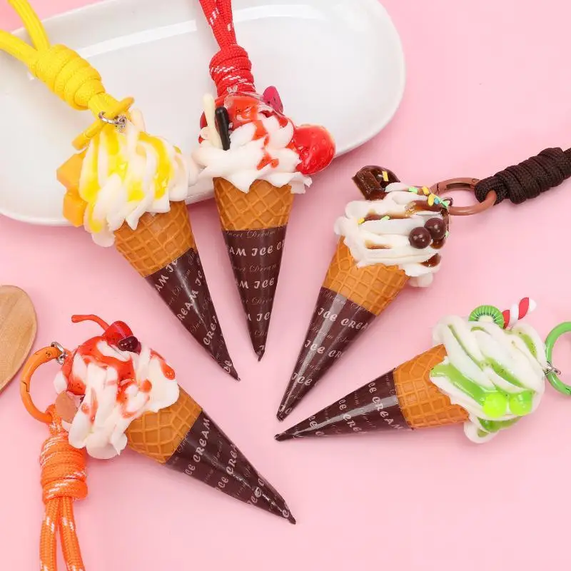 Simulation Ice Cream Cone Keychain Braided Lanyard Realistic Design Backpack Pendant Gift For Girls
