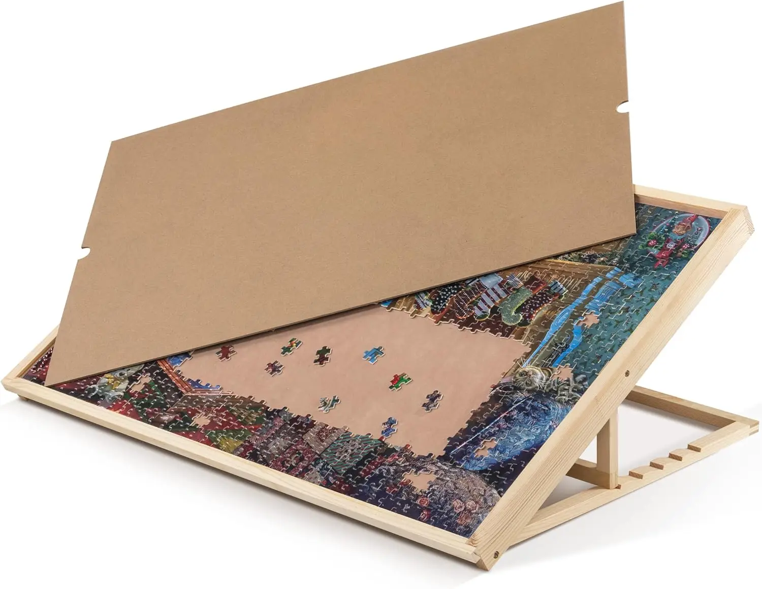 1000/1500 Piece Tilting Adjustable Jigsaw Puzzle Board with Wooden Cover with Built-in Easel/Stand, Non-Slip Flannel Tabletop