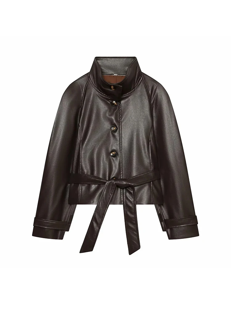 Women Vintage Faux Leather Trench Jacket Women 2026 Fall Winter Padded Shoulder Stand Collar Belted Coat Female Chic Streetwear