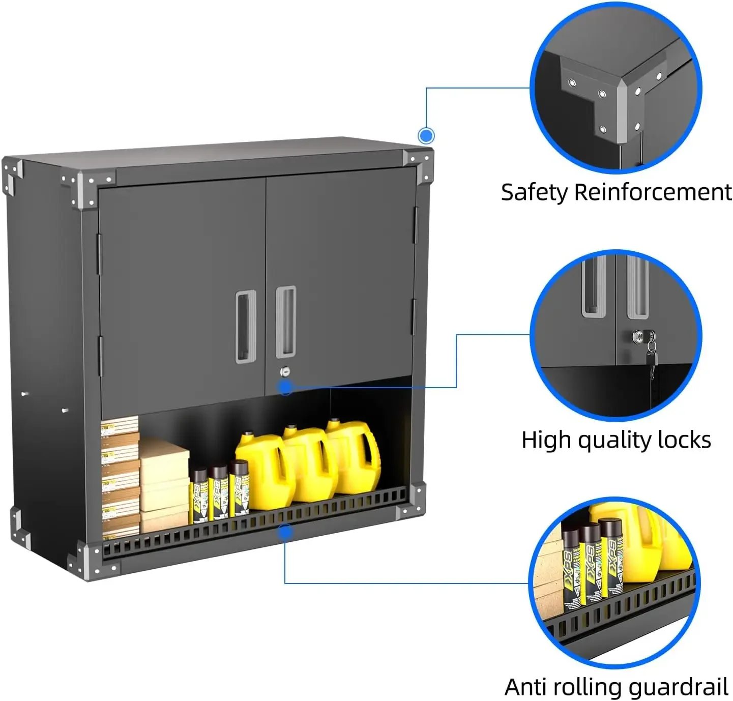 Afsluitbare metalen wandopbergkast, zwarte garagewandkasten met 2 deuren en 1 lade