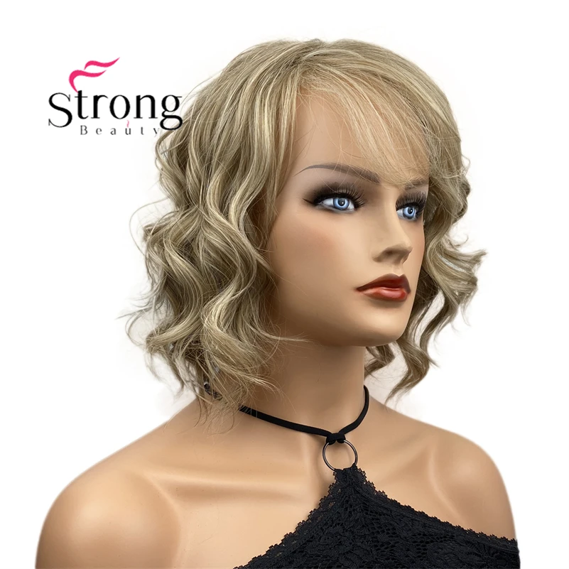 StrongBeauty Short Wavy Ash Blonde High Heat Ok Full Synthetic Wig for Women