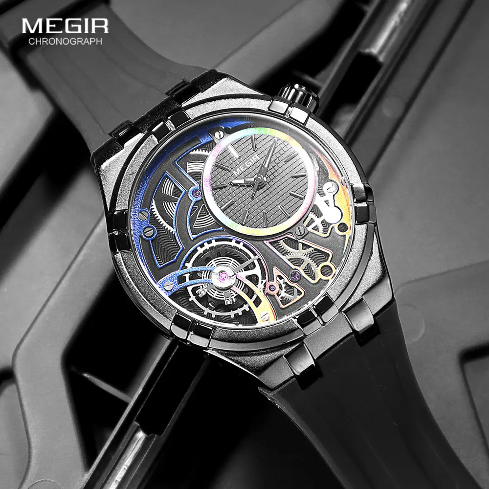 MEGIR Military Sport Quartz Watch for Men Fashion Black Silicone Strap Waterproof Wristwatch with Luminous Hands MN8111G