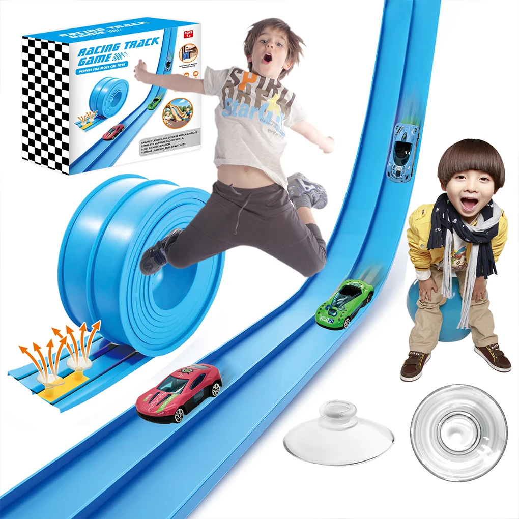 

15FT Flexible Race Track With 4 Small Cars Children Toys DIY Double-track Racing Car Ramp Cars Portable Rolls Up Race Track
