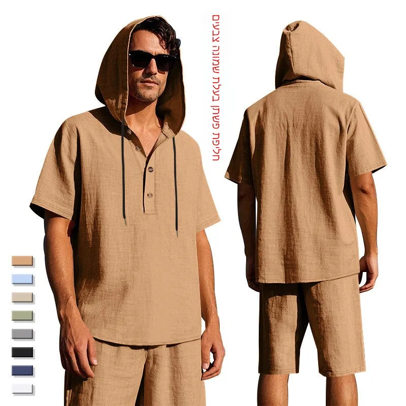

Летний мужской повседневный комплект из льняной рубашки с коротким рукавом и пляжных шорт, свободный крой, американский стиль, пляжная одежда CW15+WW-2