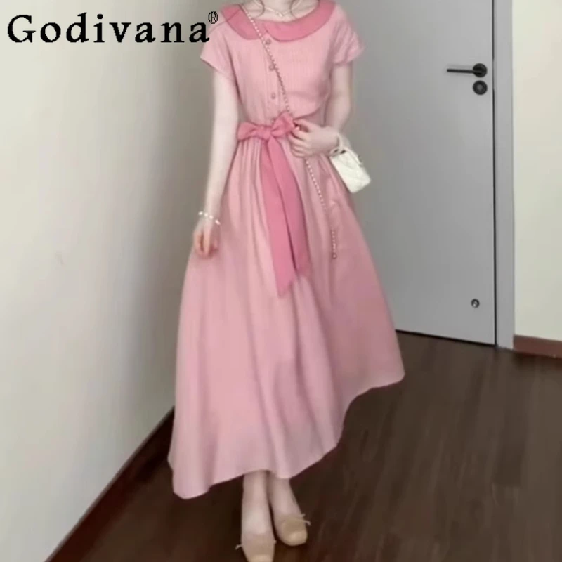 فستان نسائي صيفي مقاس كبير وردي فرنسي حلو بأكمام قصيرة يقلل من العمر بخصر عالٍ على شكل حرف a وأربطة مخططة فساتين طويلة لطيفة