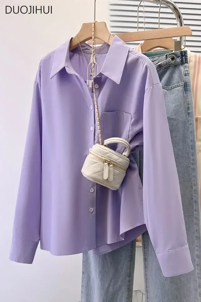 DUOJIHUI-Camisa polo chique com bolso solto para mulheres, manga comprida básica, cor simples e pura, roxo, camisa feminina da moda, nova, primavera, S-XL