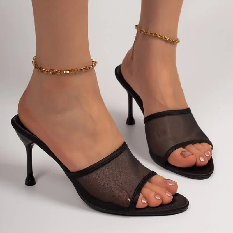 2026 Neue Designer Sommer Runde Zehen Mesh Damen High Heel Sandalen Offene Zehen Pantoletten Outdoor Abend Party Sandalias