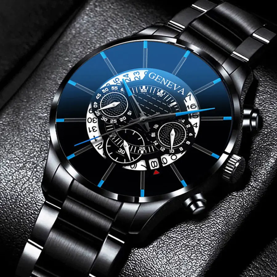 

Модные и модные мужские часы-полоски из нержавеющей стали с тремя глазами, синими иглами, персонализированный классический календарь, мужские вопросы