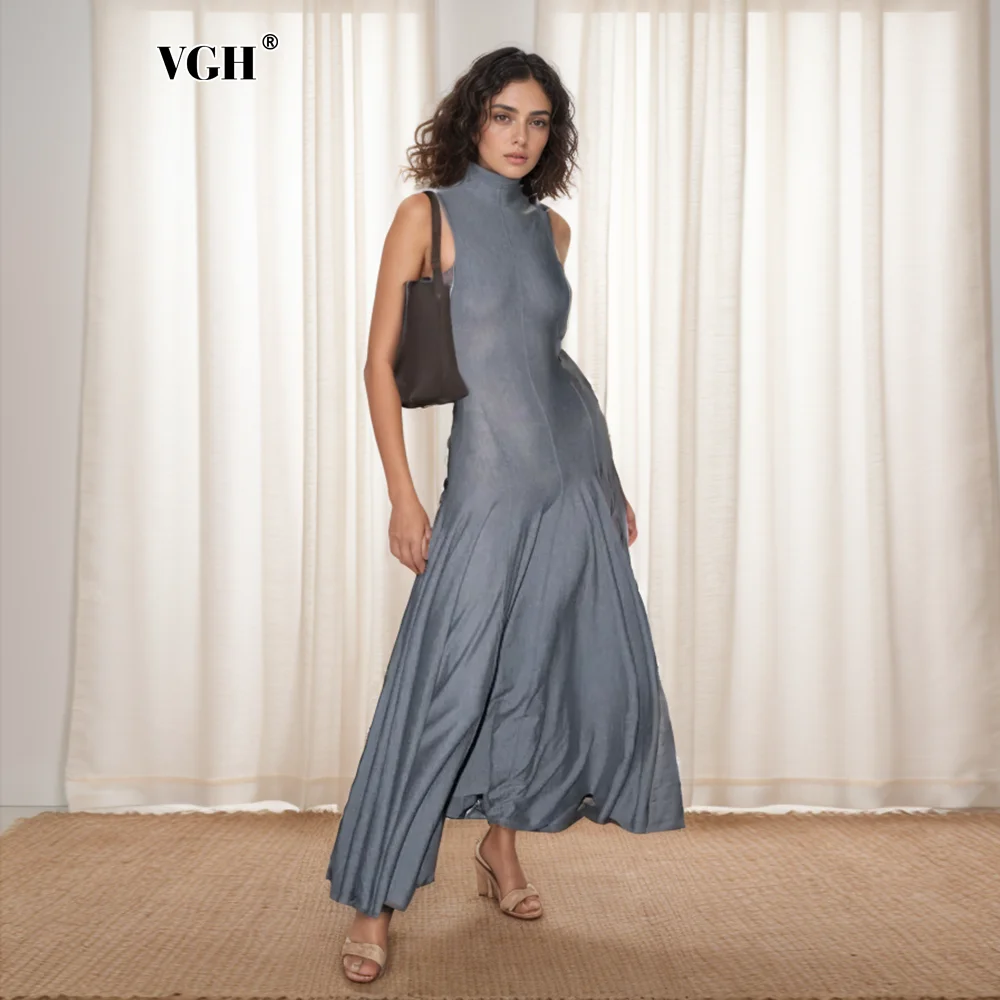 

VGH Solid Elegant Spliced Folds Dress For Women Turtleneck Sleeveless High Waist Backless Slim Dresses Female