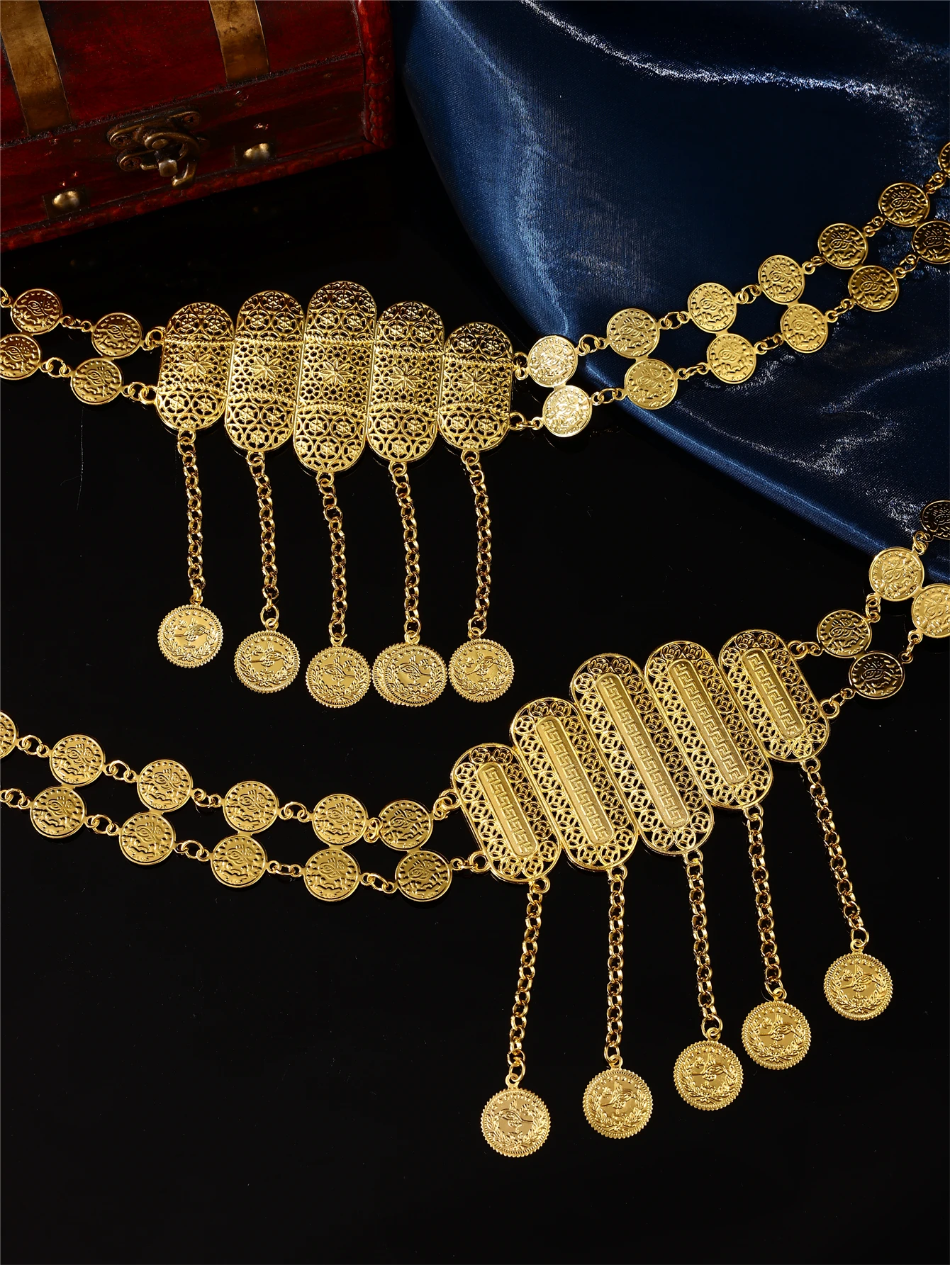1 Fashionable & Elegant Ladies' Robe Belt, Carved with Exquisite Patterns and Matched with Turkish Coin Pendant