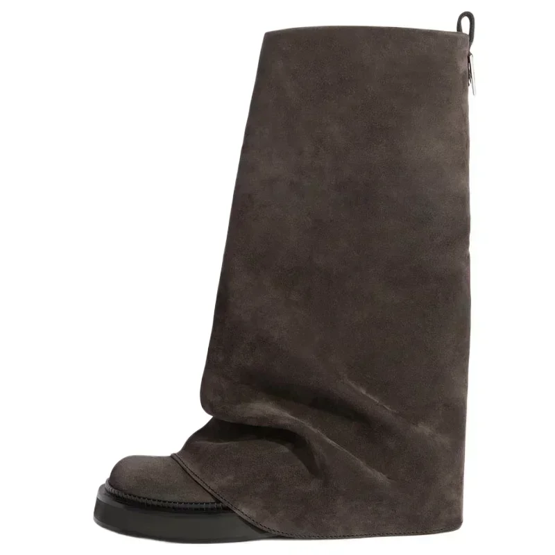 女性のためのヨーロッパとアメリカの革の平底膝ブーツ,厚いヒール,丸いつま先のプリーツブーツ,ファッショナブル