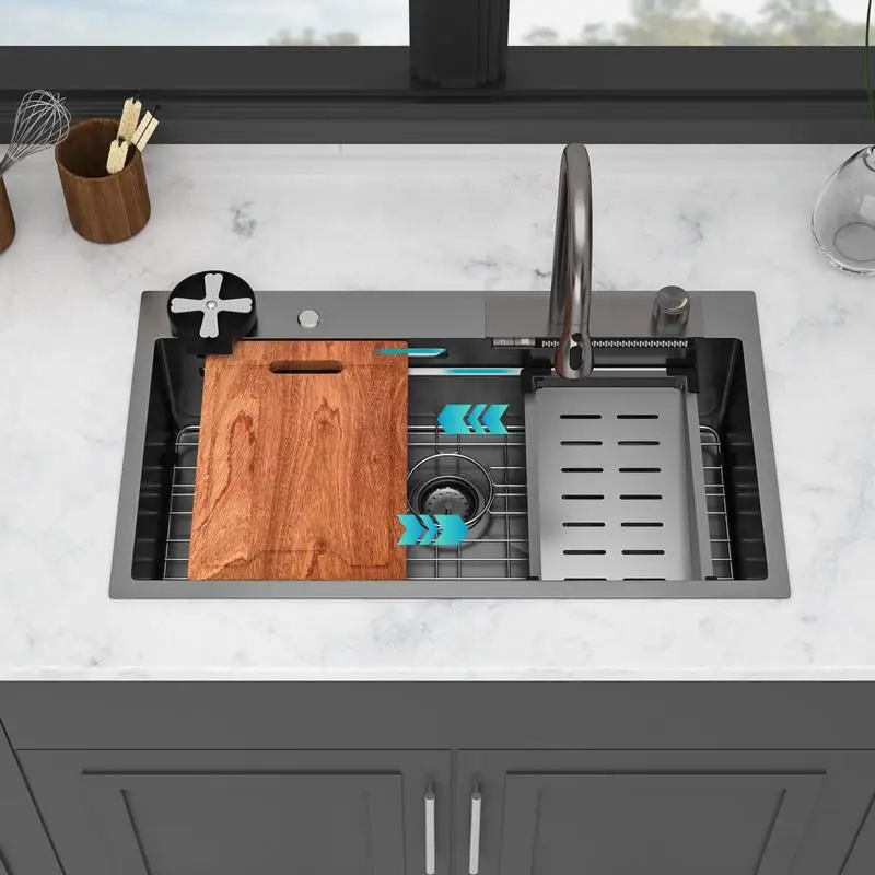 

33" Gunmetal Black Waterfall Kitchen Sink - 33 x 19.29 x 9 Inch Multifunction Single Bowl 16G Stainless Steel Workstation Top