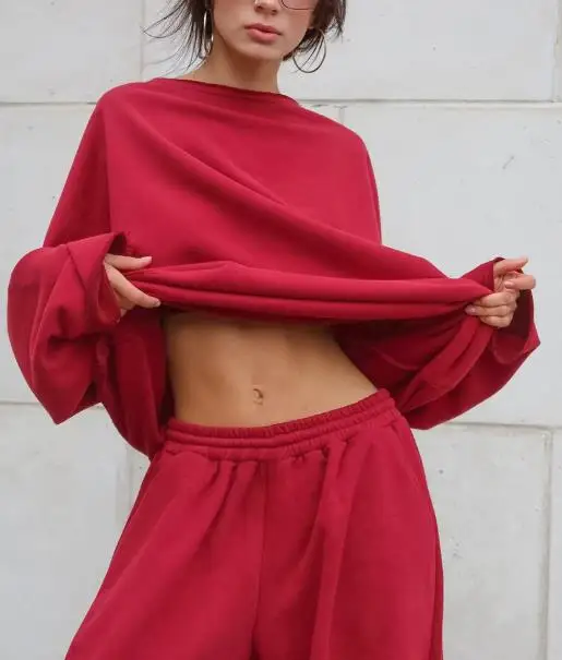 

Elegant Autumn Cotton Pant Set Solid Color round Neck Long Sleeve Loose Top Casual Wide Leg Pants 2025 New Style