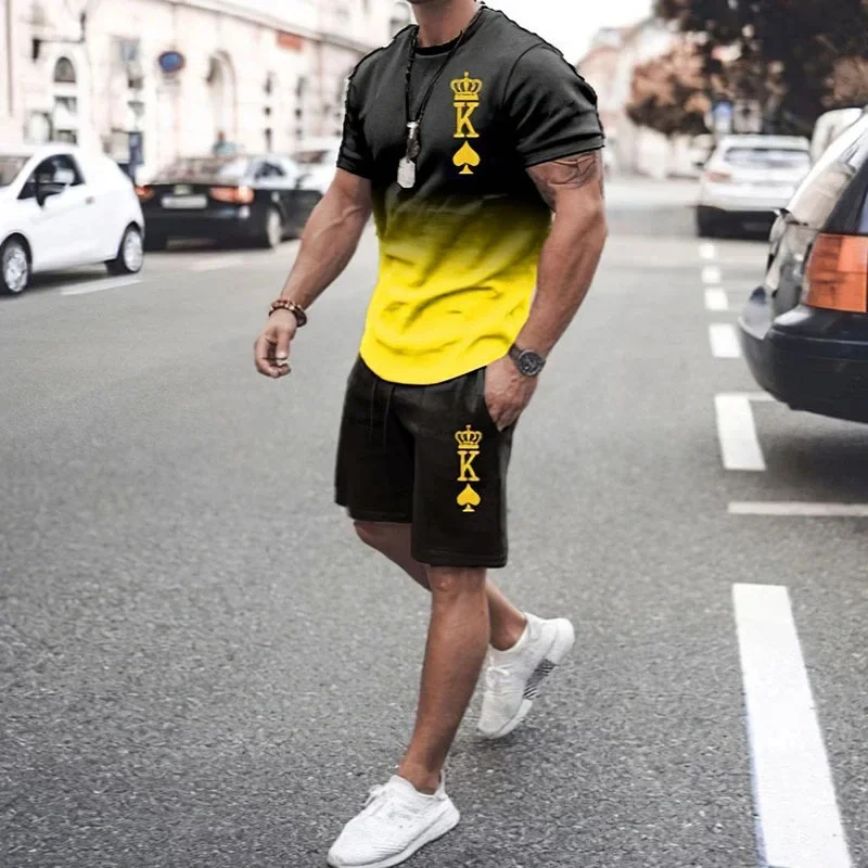 Été Mens Casual Mode Gradient Spade K Imprimé Crew Neck T-Shirt Shorts Tenue Mignon Designer Vêtements Hommes Streetwear