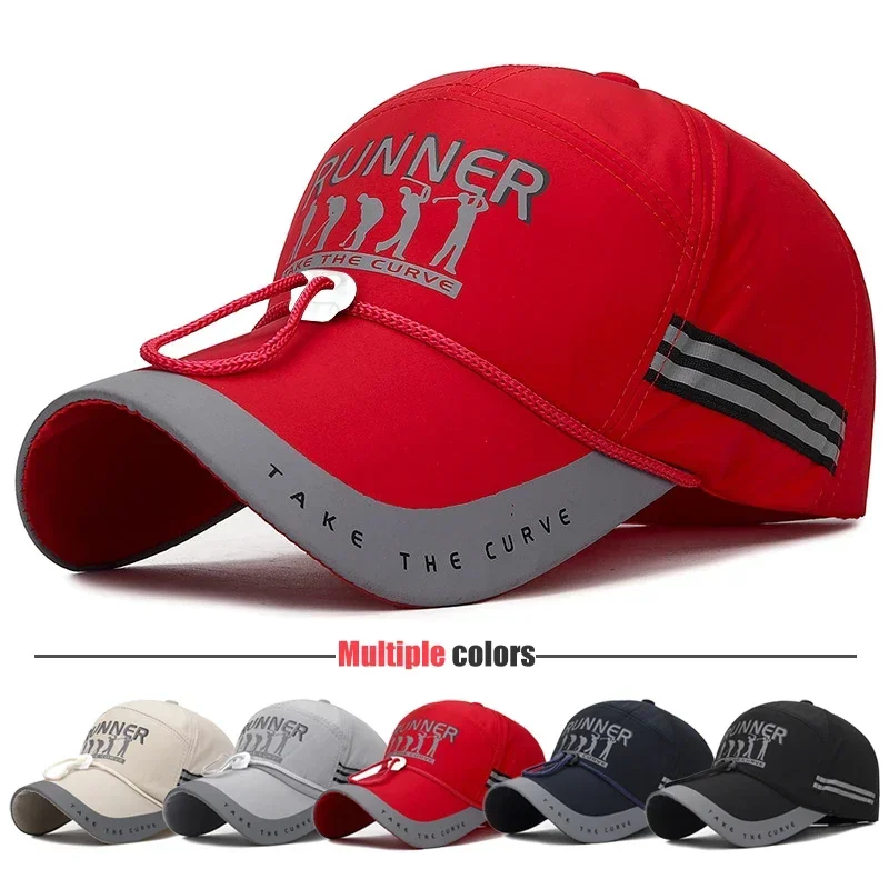 Reflective Stripe Athletic Running Hat with Drawstring Lightweight Quick Dry Outdoor Jogging Cycling Sun Cap for Men Women